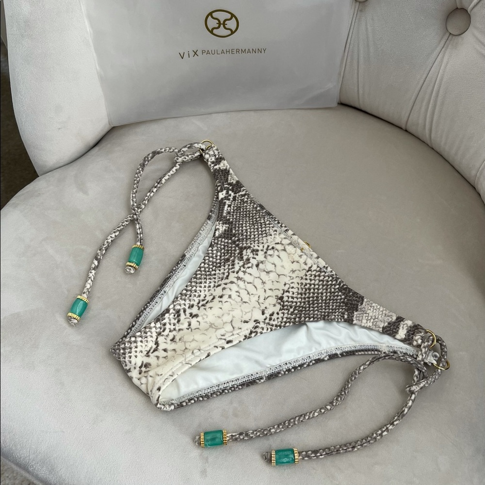 Vix Neutral Snake Print Bikini Bottom with Turquoise Bead Accents